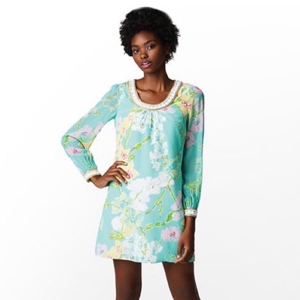 EUC LILLY PULITZER SILK HARPER DRESS IN MADLY GLAMOROUS 14